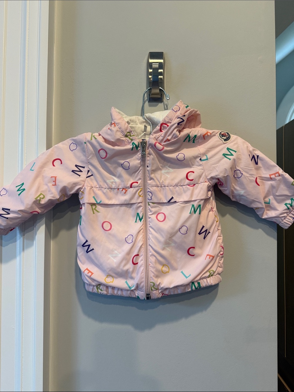 Moncler Pink Multicolor Letter-Print Hooded Raincoat